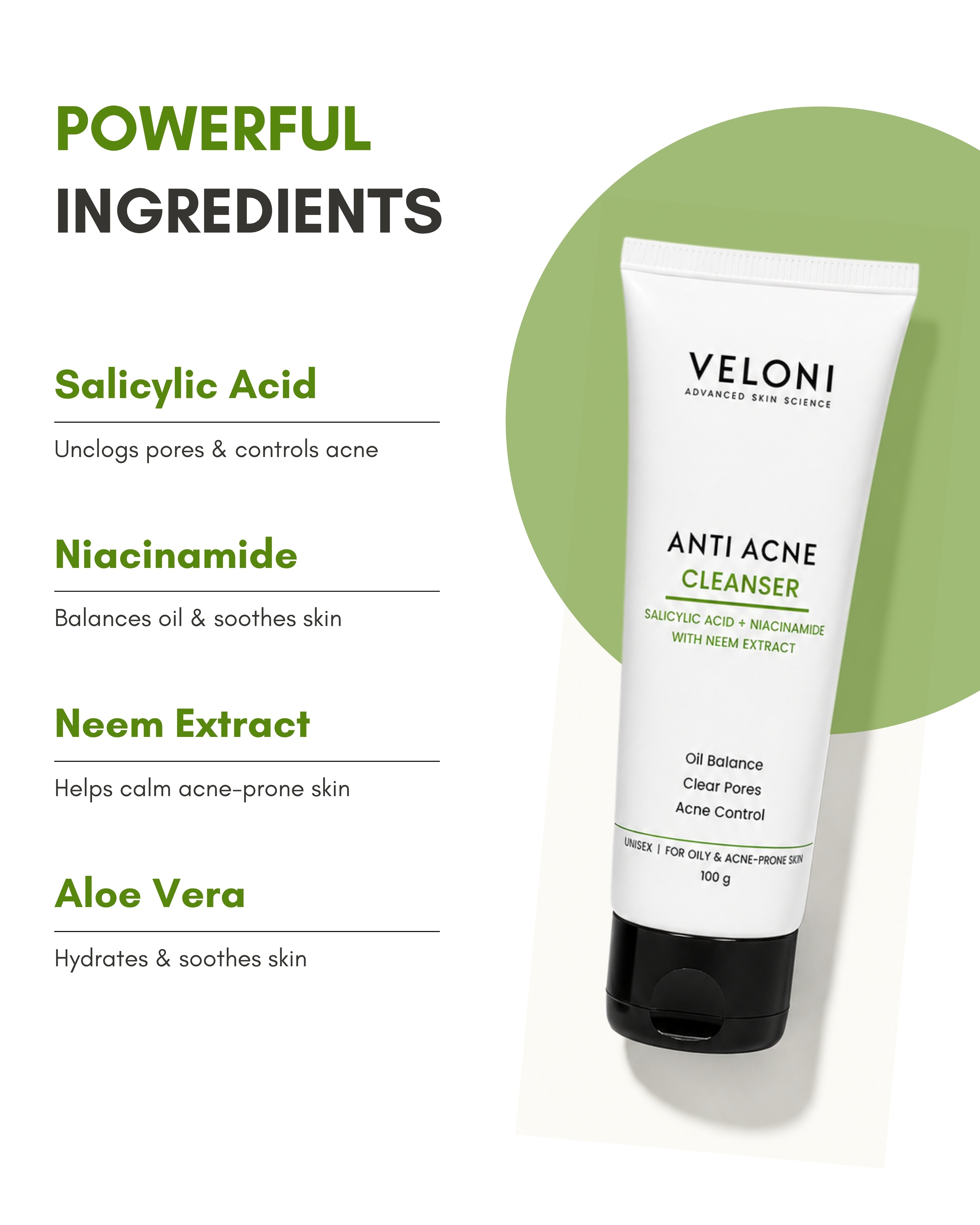 Veloni Anti Acne Cleanser | Salicylic Acid & Niacinamide Face Cleanser