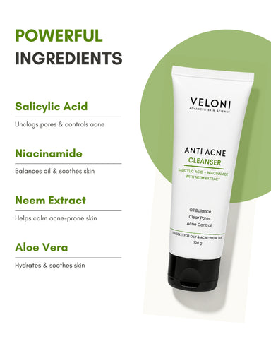 Veloni Anti Acne Cleanser | Salicylic Acid & Niacinamide Face Cleanser