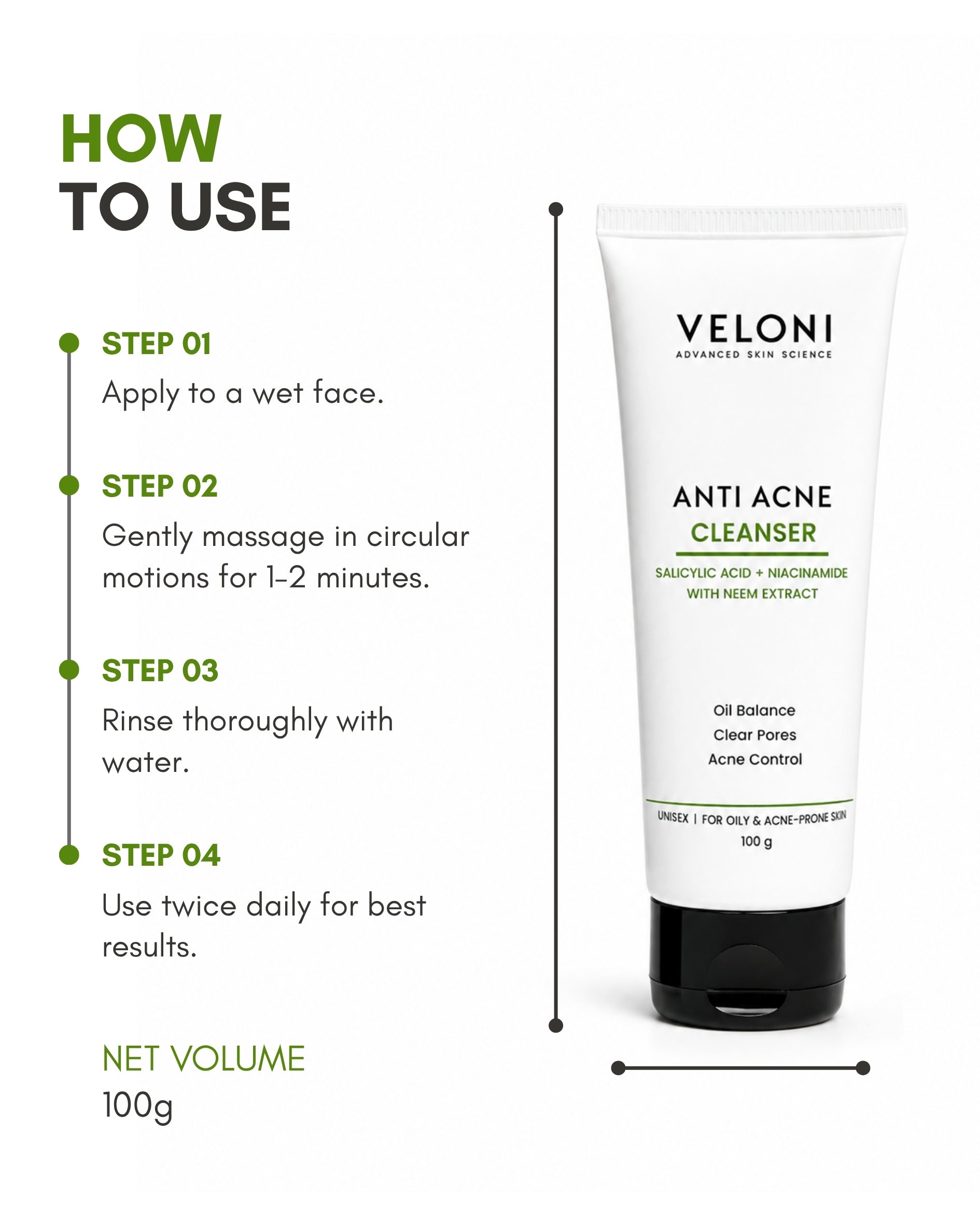 Veloni Anti Acne Cleanser | Salicylic Acid & Niacinamide Face Cleanser