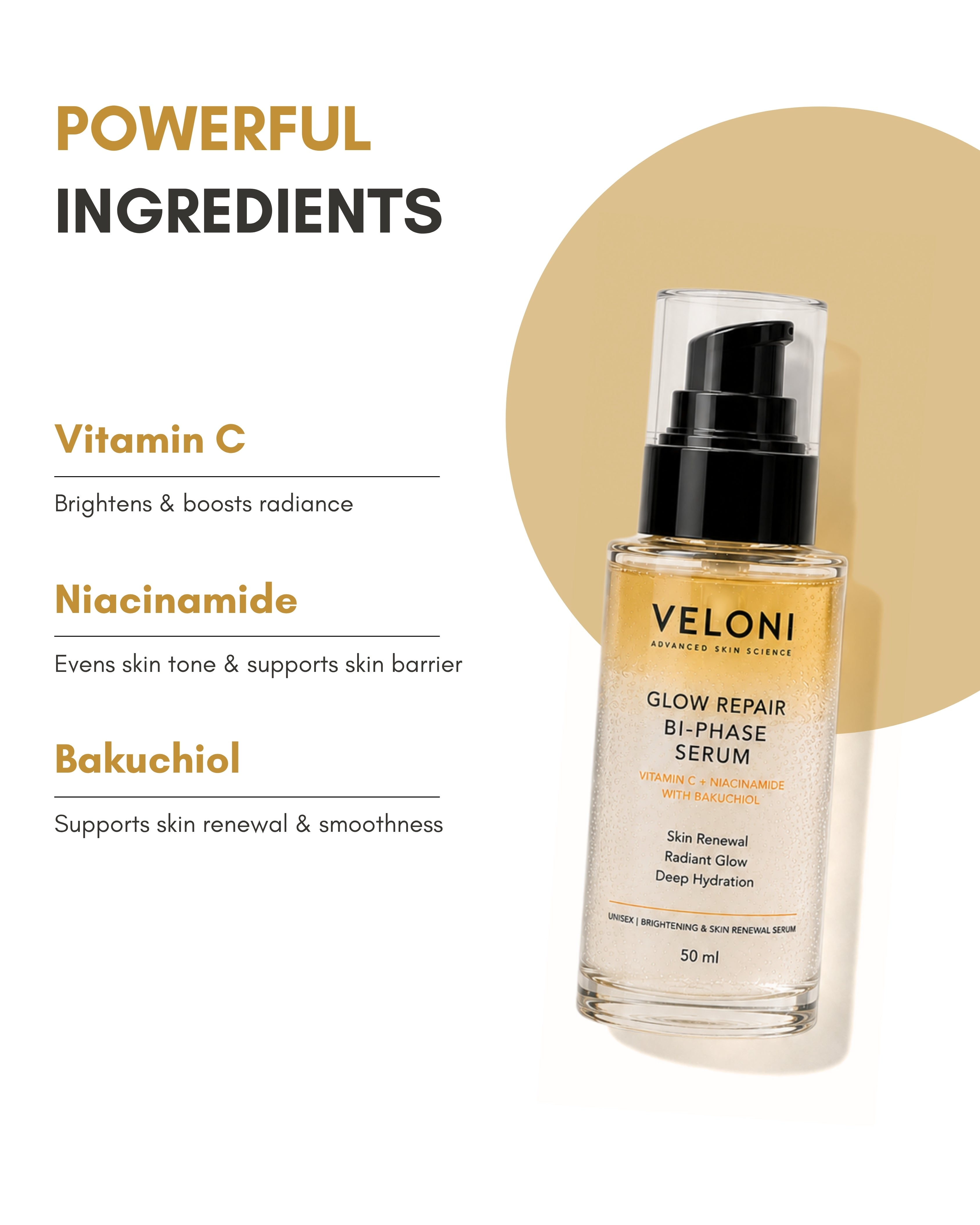 Veloni Glow Repair Bi-Phase Serum | Vitamin C, Niacinamide & Bakuchiol Face Serum