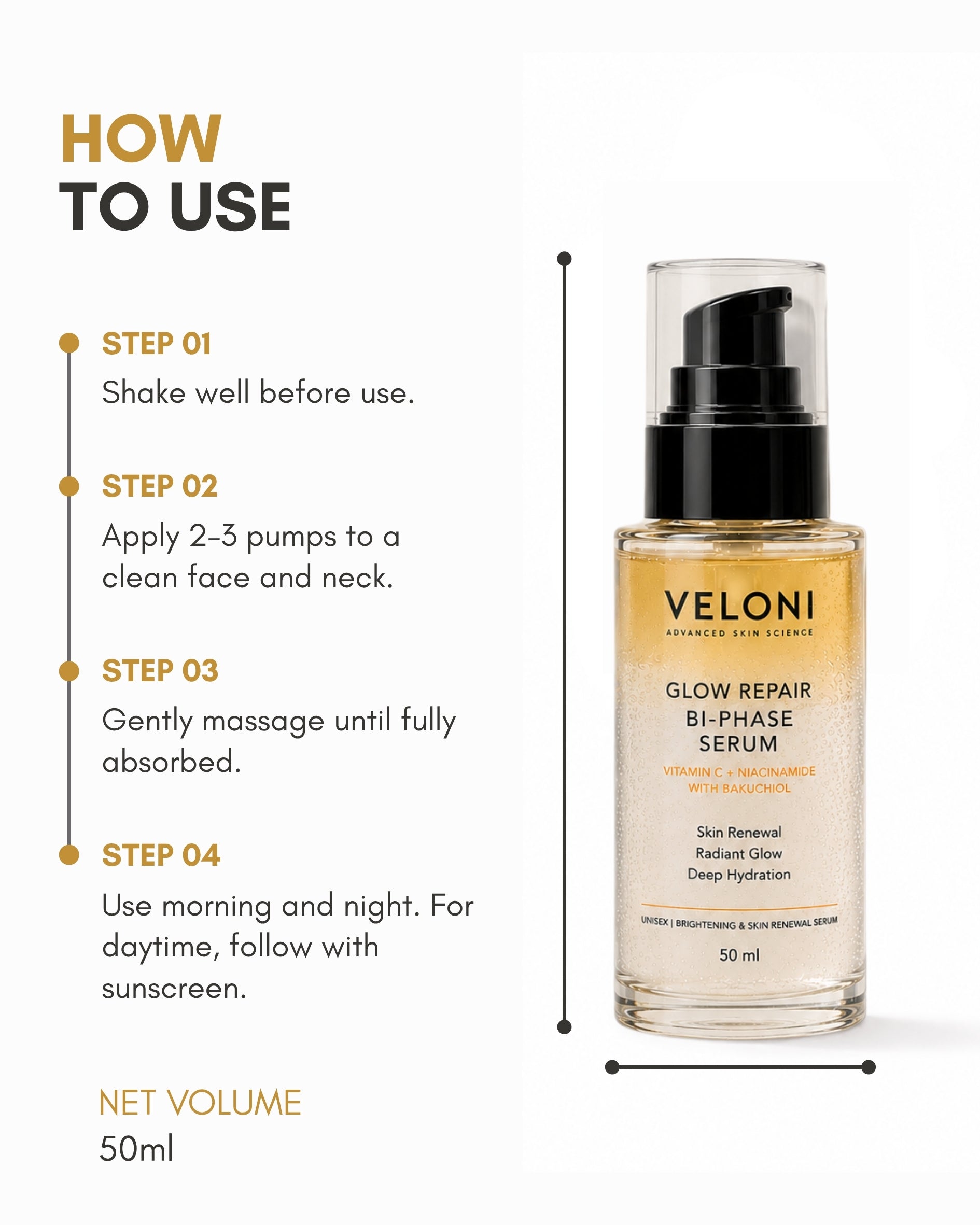 Veloni Glow Repair Bi-Phase Serum | Vitamin C, Niacinamide & Bakuchiol Face Serum