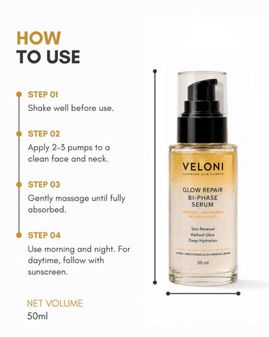 Veloni Glow Repair Bi-Phase Serum | Vitamin C, Niacinamide & Bakuchiol Face Serum
