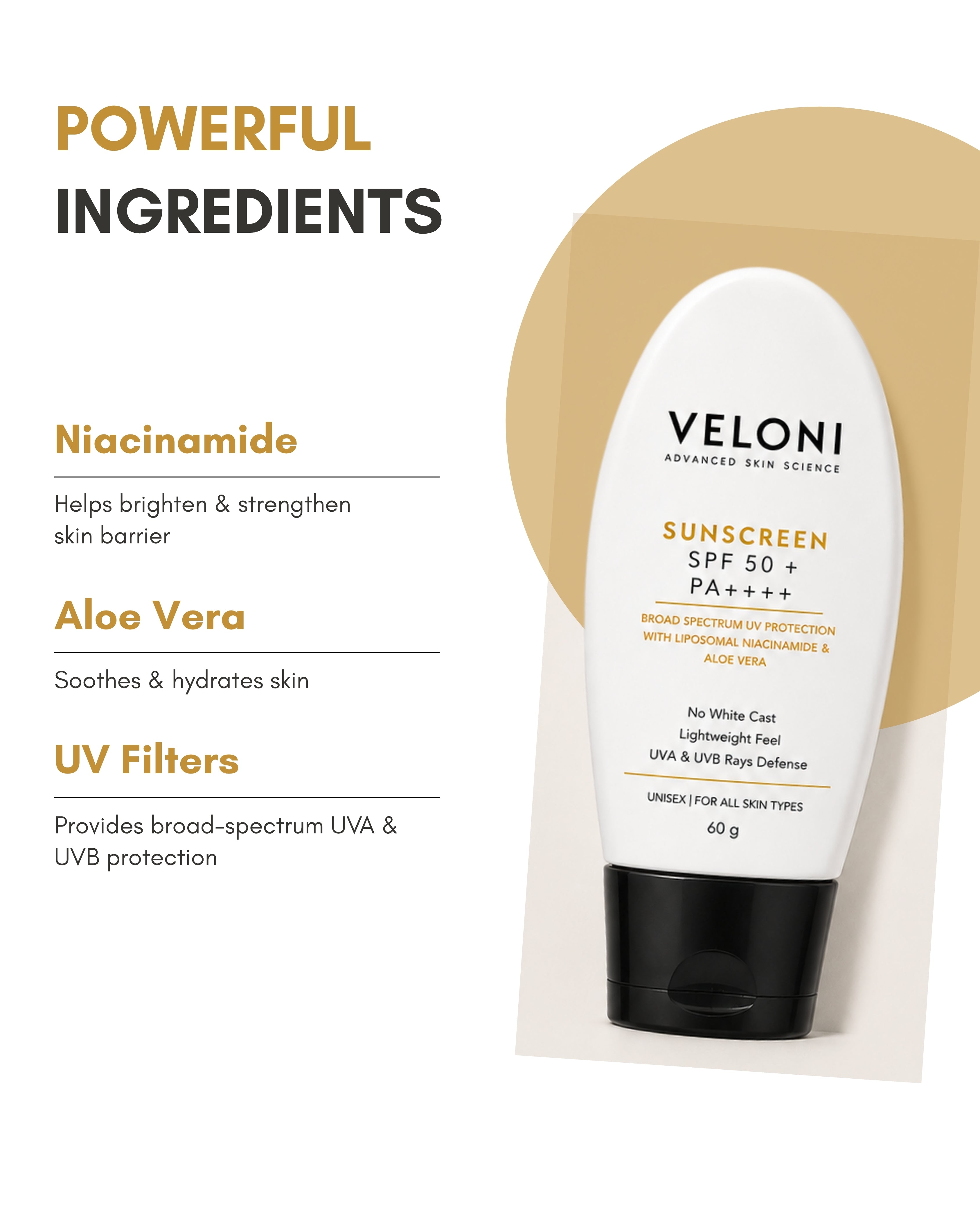 Veloni Sunscreen SPF 50 PA++++ | Broad Spectrum UVA & UVB Protection