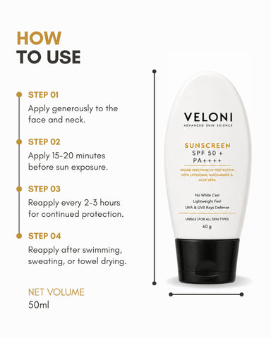 Veloni Sunscreen SPF 50 PA++++ | Broad Spectrum UVA & UVB Protection