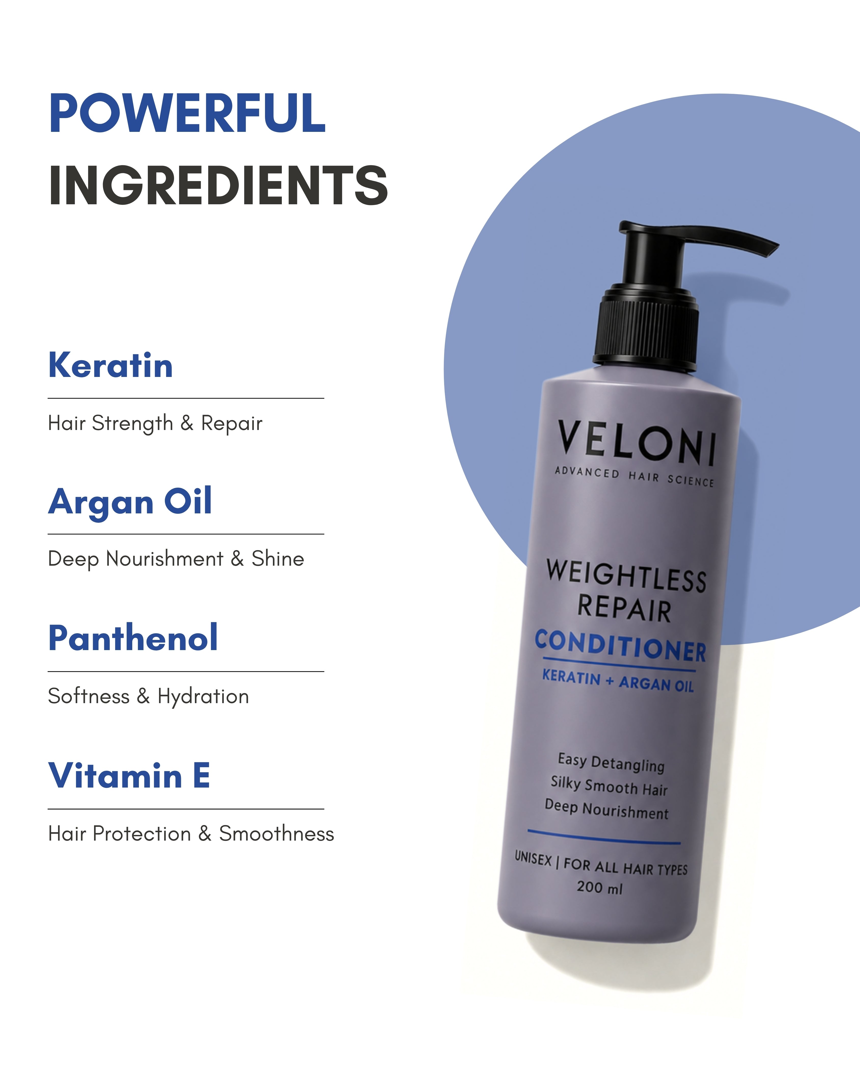Veloni Weightless Repair Conditioner | Keratin & Argan Oil Hair Conditioner
