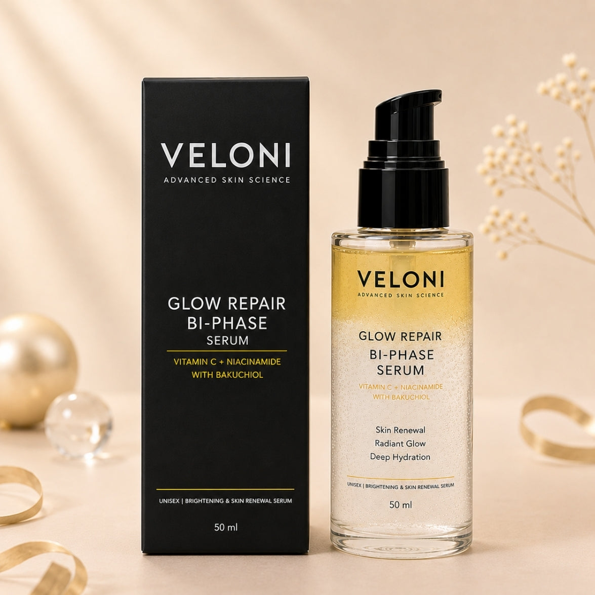 Veloni Glow Repair Bi-Phase Serum | Vitamin C, Niacinamide & Bakuchiol Face Serum